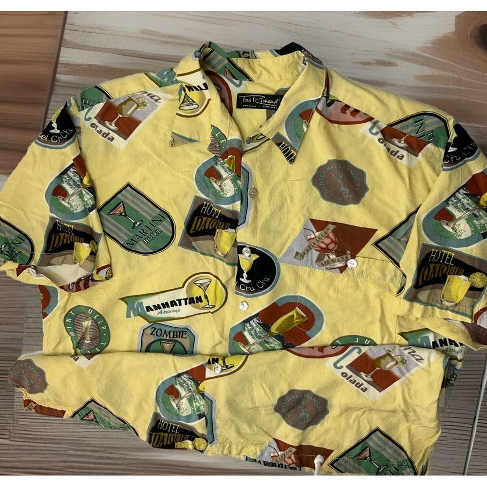 Tori Richard Honolulu Hawaiian Camp Shirt Mens XL Yellow‎ Tropical Drink Print